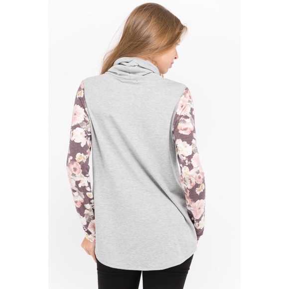 French Terry Cowl Neck Sweater with Floral Sleeves - Picture 5 of 5