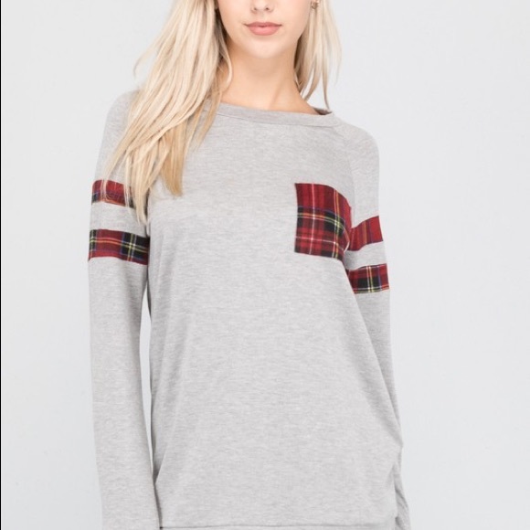 LAST ONE!French Terry Sweatshirt with Plaid Detail - Picture 2 of 2