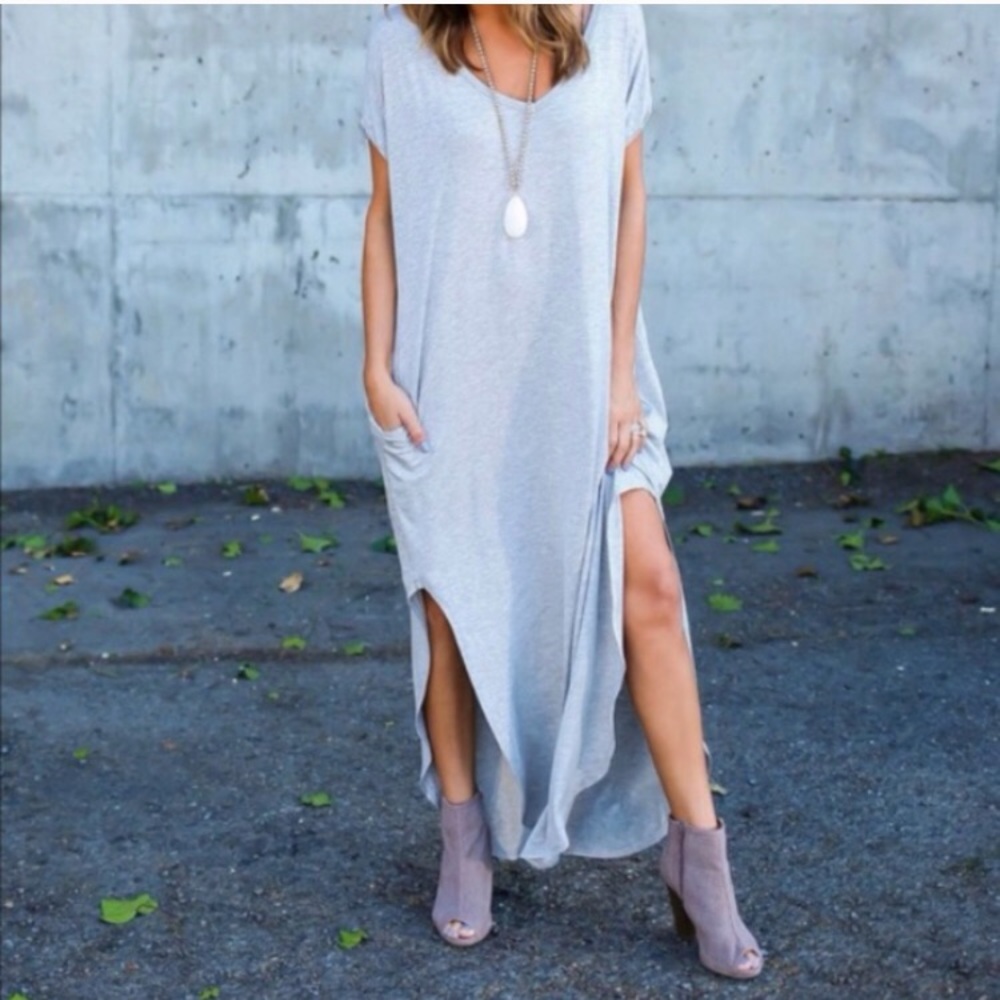 Gray Oversized Maxi Dress with Pockets Loose Comfy