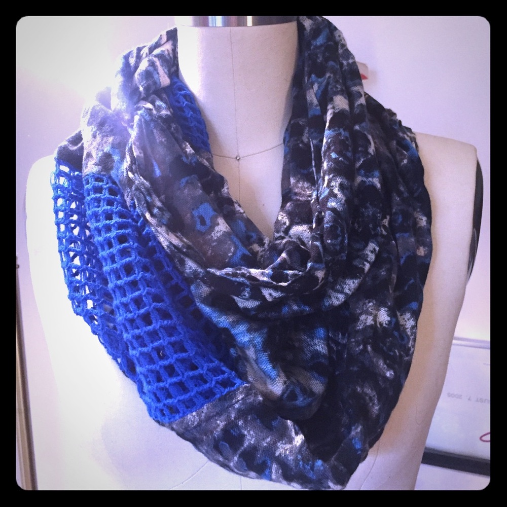 2 for $10 Patterned infinity scarf with blue knit inserts