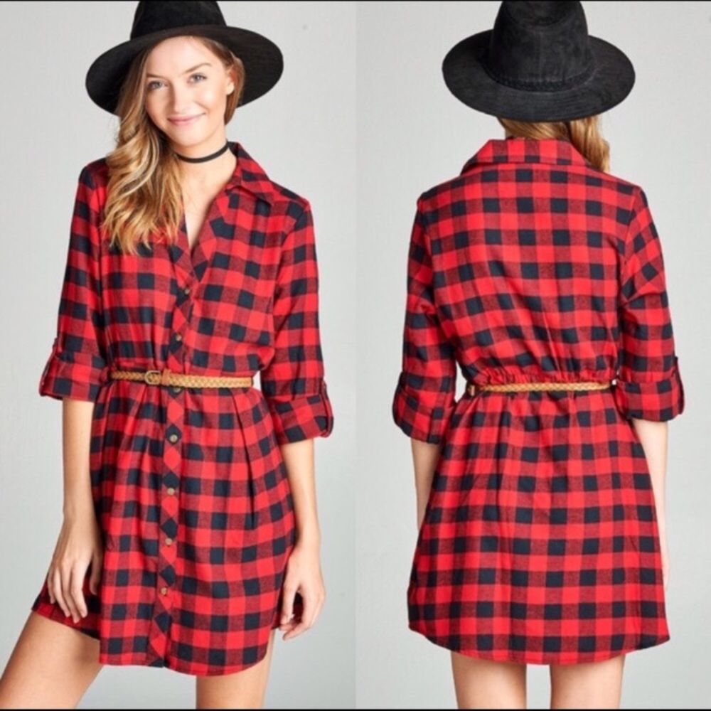 Plaid button up belted dress