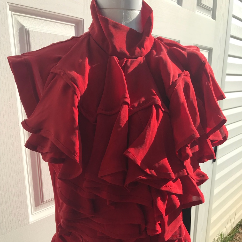 Red NWOT Showstopper Silk Ruffle Shirt Size 8