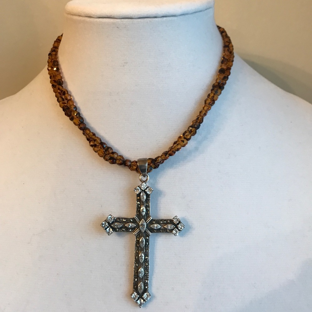Sterling silver and cubic cross on amber necklace