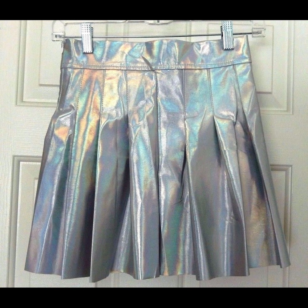 Holographic pleated skater skirt