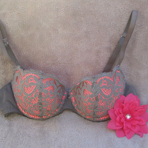 Aerie Juliet sexy grey/coral lace push-up bra 36B