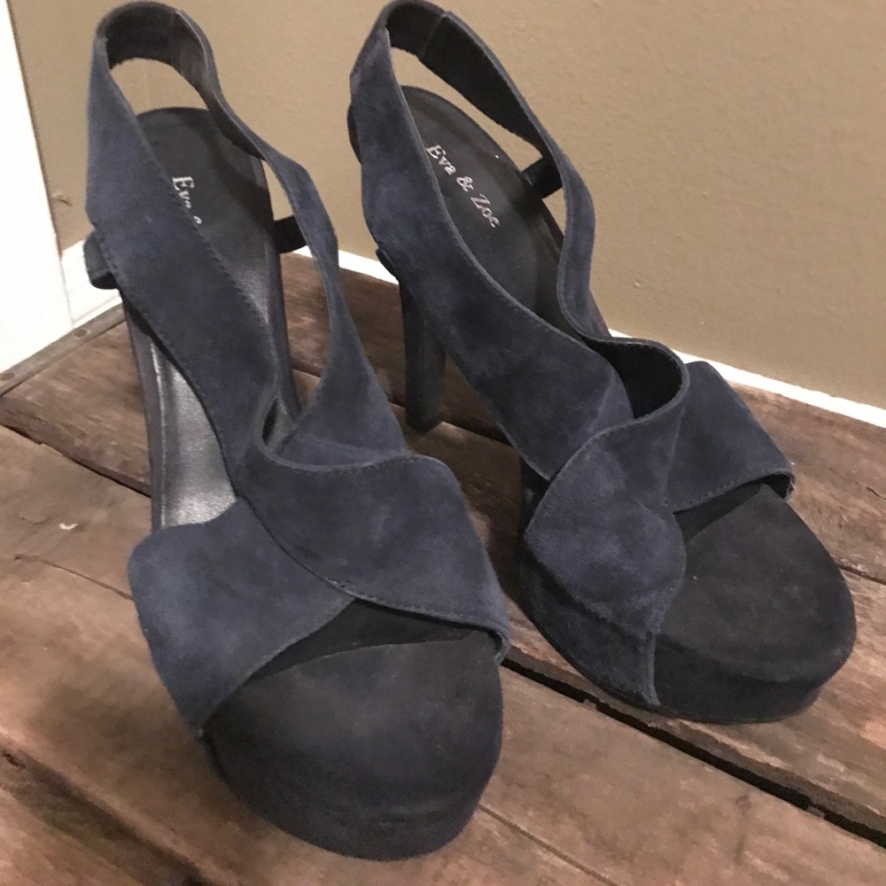 Blue suede strappy platform heels