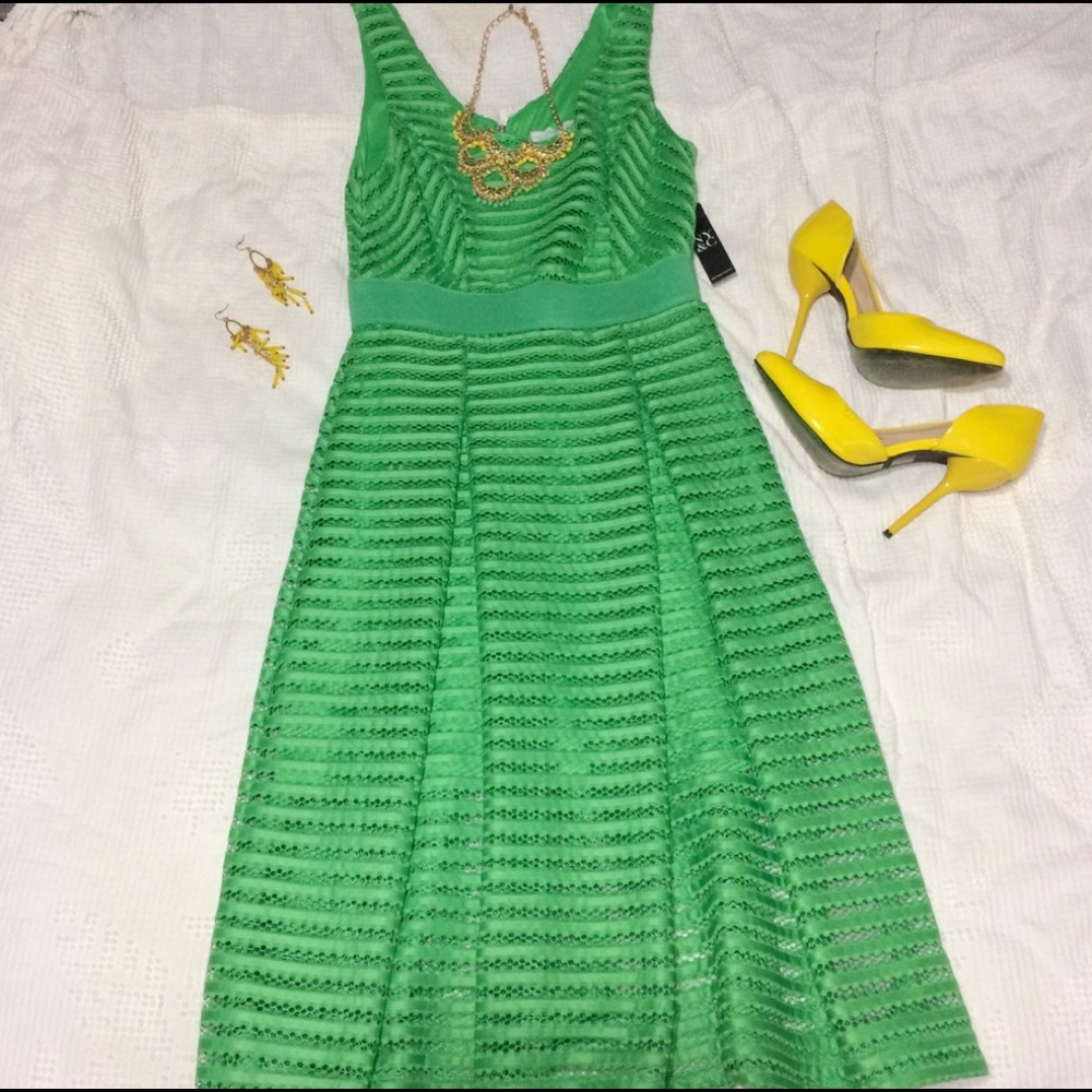 Striped-Mesh Flare Dress