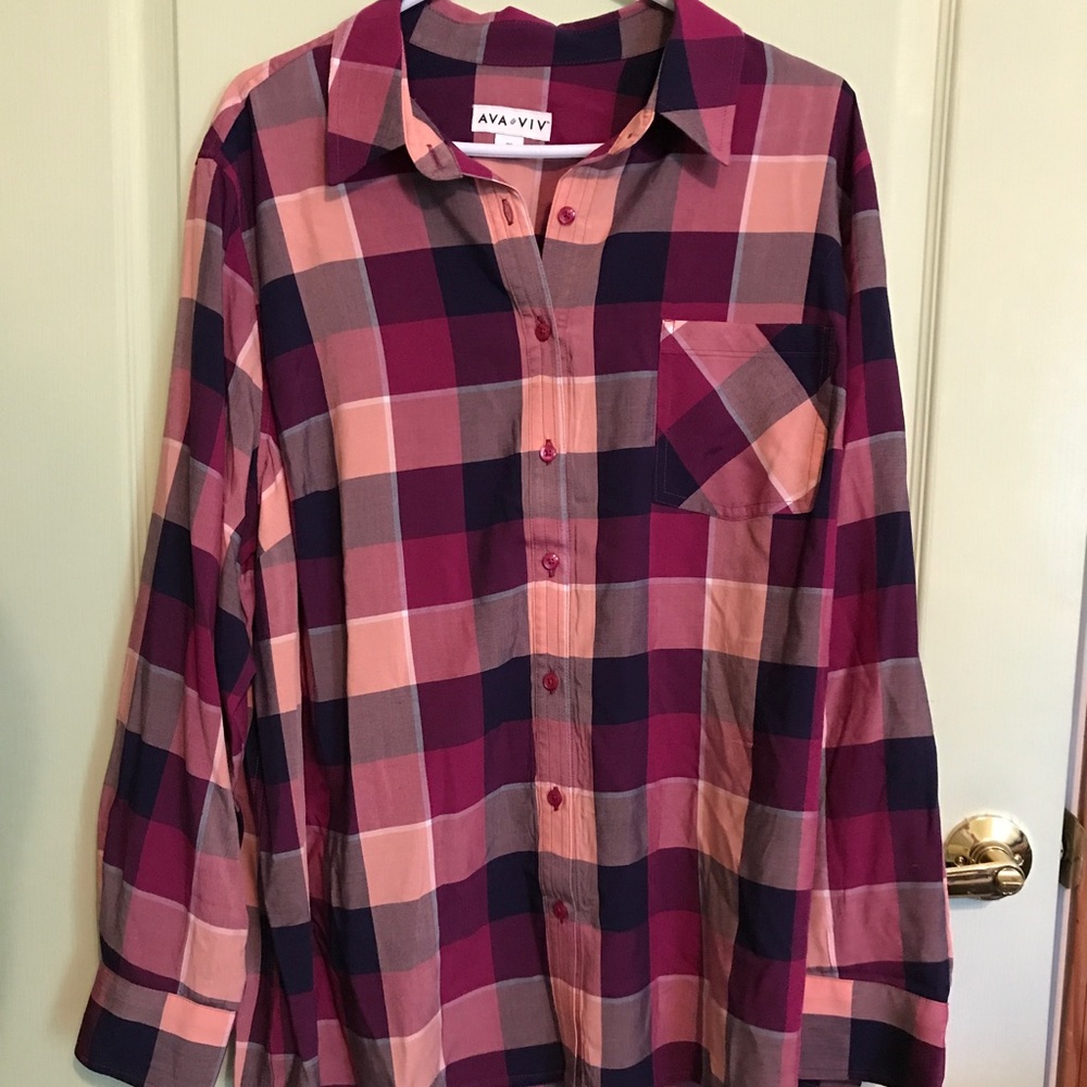 BNWOT Pink Plaid Camper Shirt, Ava & Viv 2X