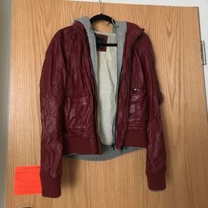red faux leather jacket