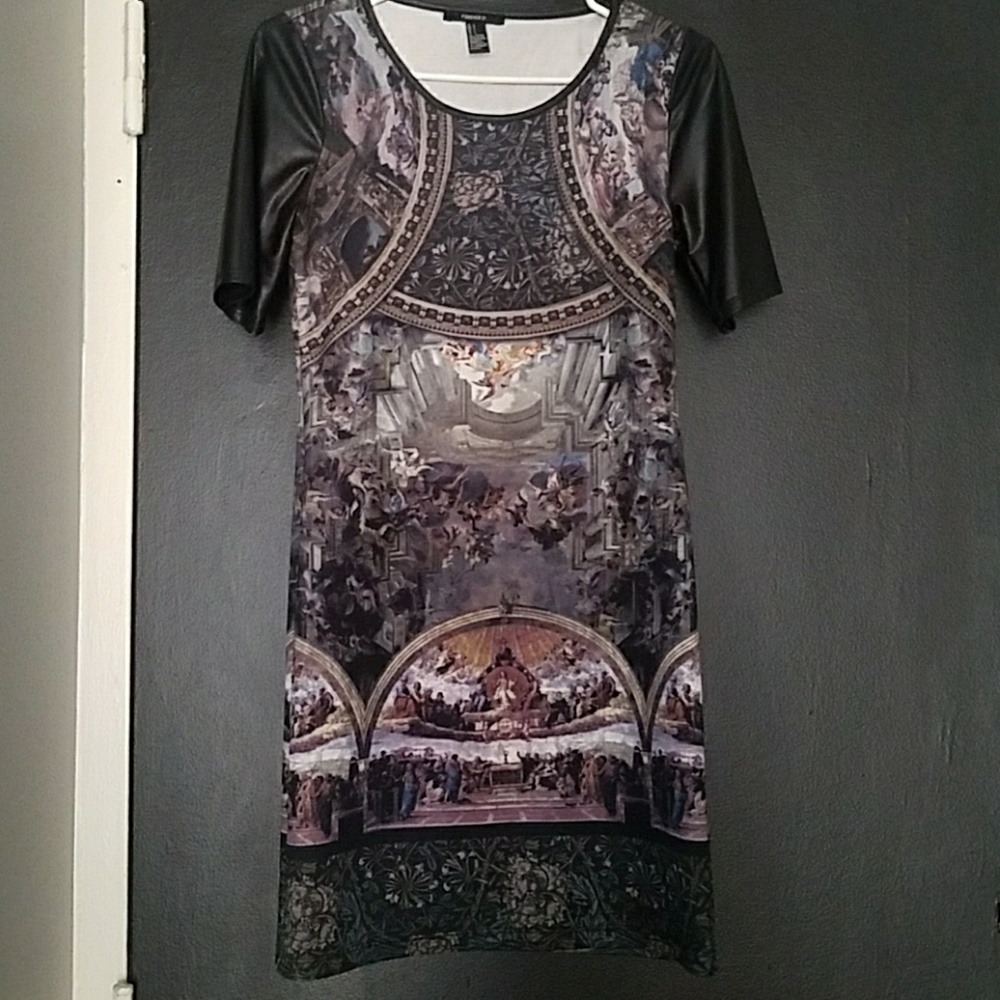 Pleather sleeve graphic mini dress