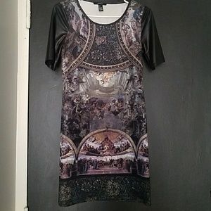 Pleather sleeve graphic mini dress