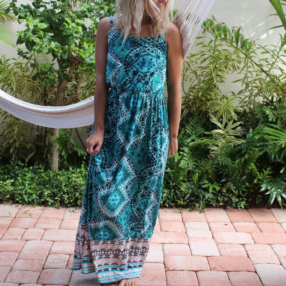 Boho Pink Rose Tribal Print Teal Maxi Dress