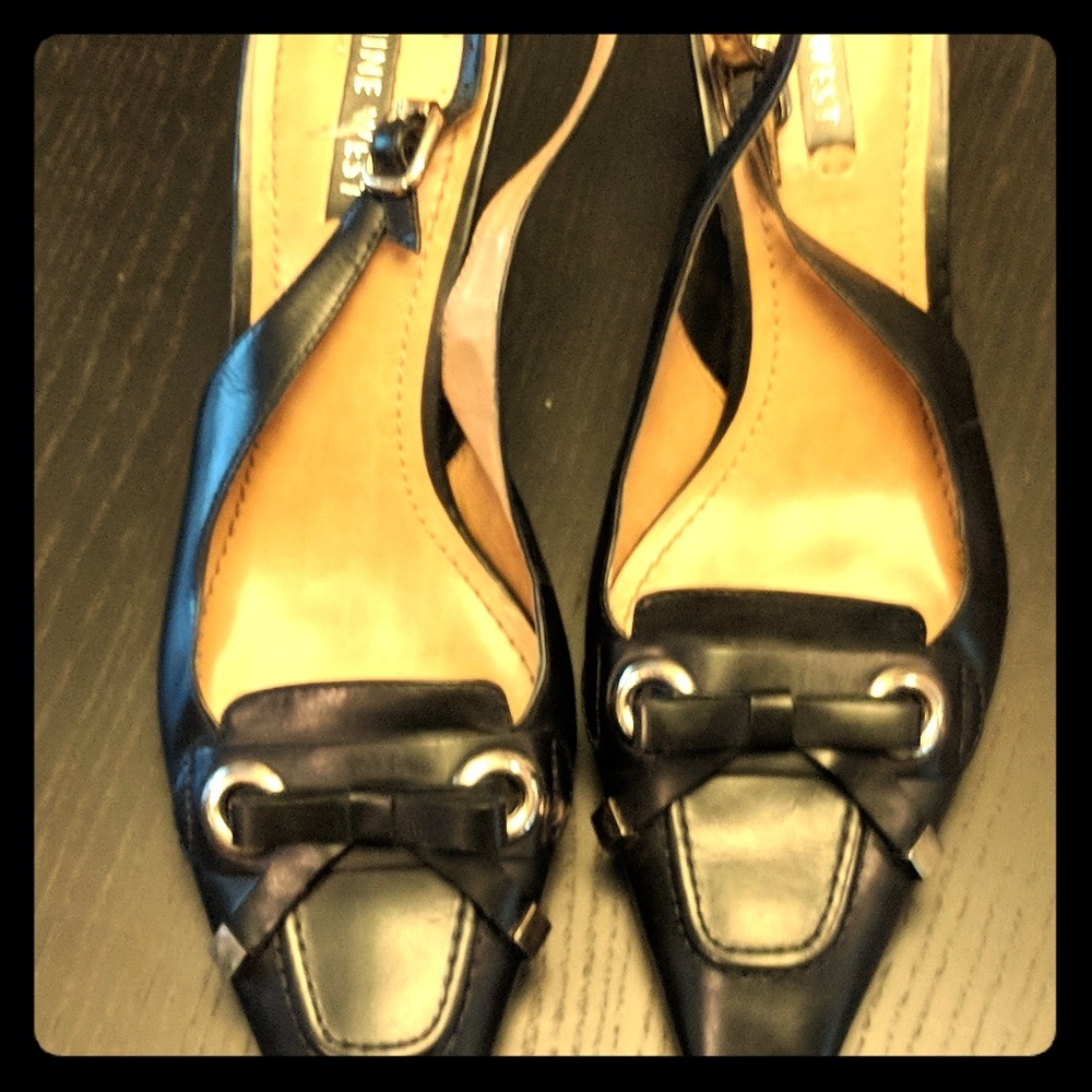 9 West low heel black sling-back heels with bow