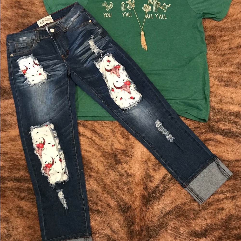 Bull skull and flower jeans