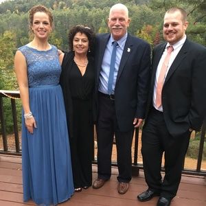 Steel blue David's Bridal long bridesmaid dress