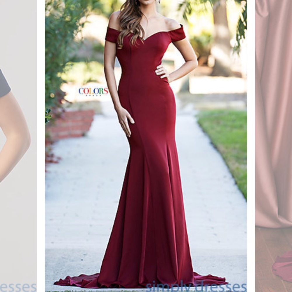 Off the shoulder formal dress in wine