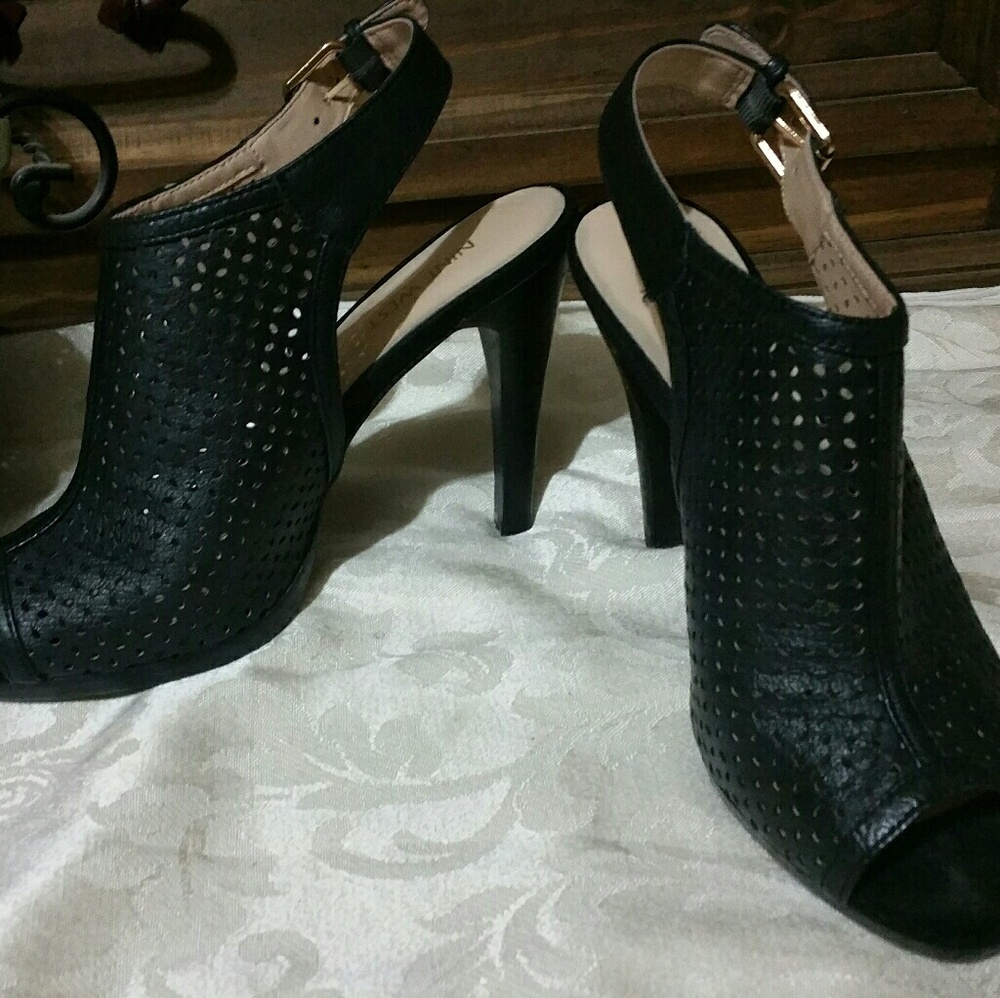 Beautiful black leather open toe slingback heels