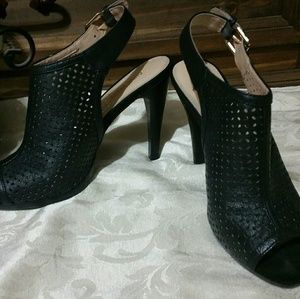 Beautiful black leather open toe slingback heels