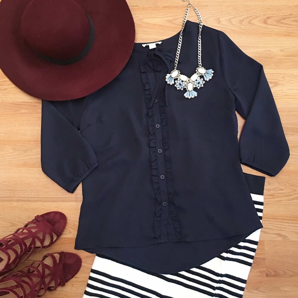 Navy Button Up Blouse with 3/4 Length Sleeves