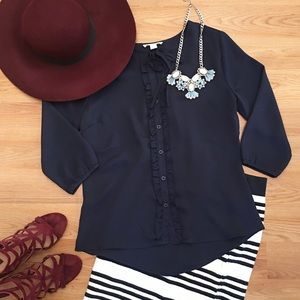 Navy Button Up Blouse with 3/4 Length Sleeves