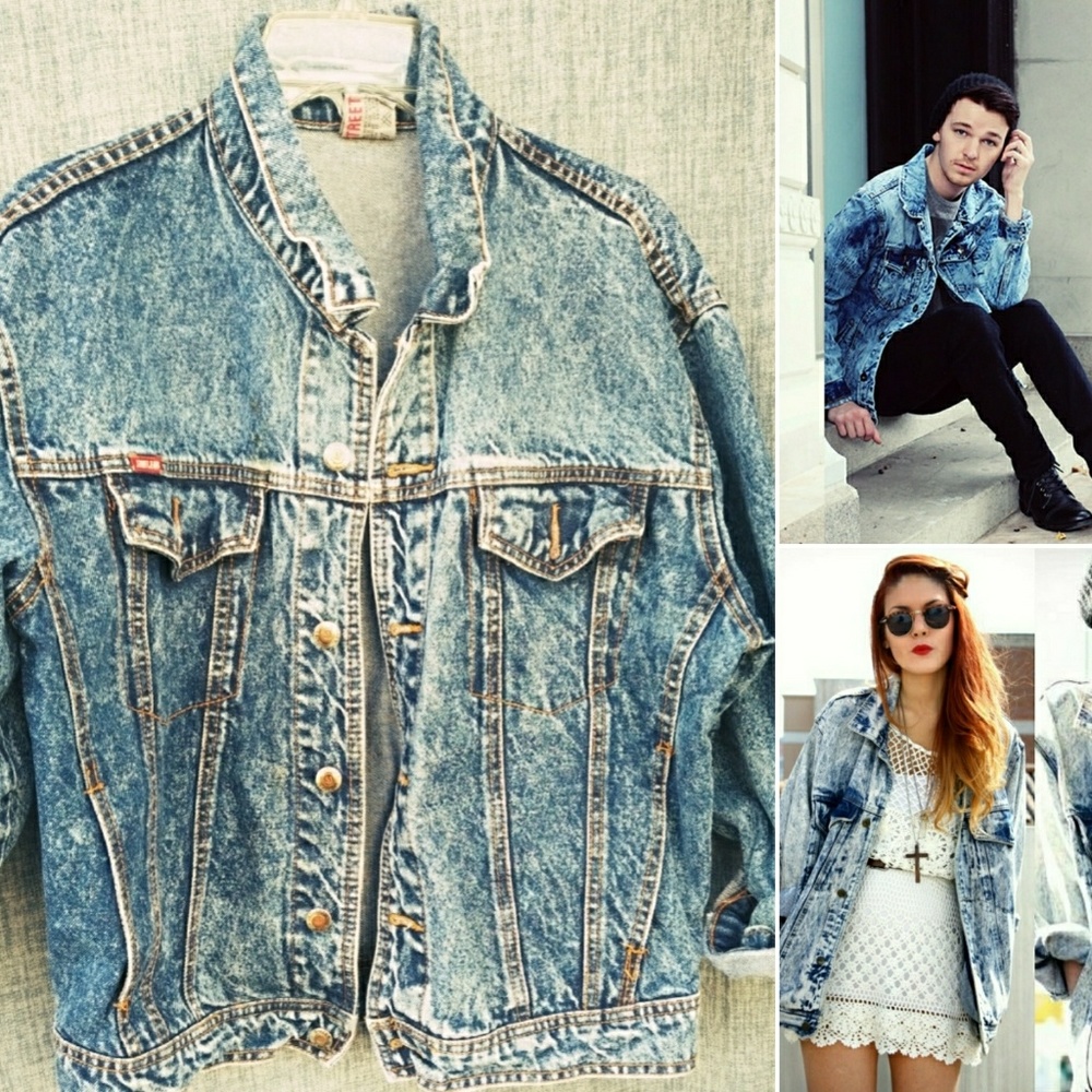 Unisex Vintage acid wash denim jacket large