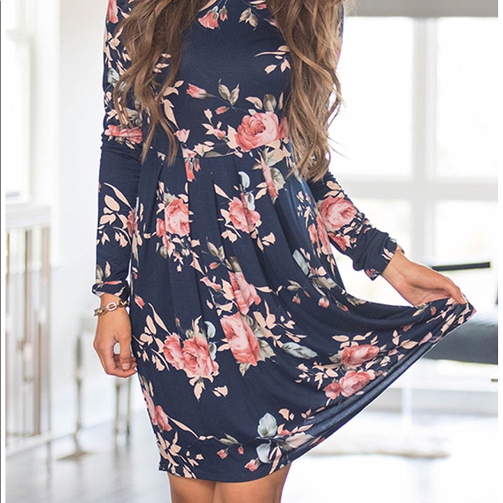 Navy & Blush Floral Long Sleeve Dress with Pockets