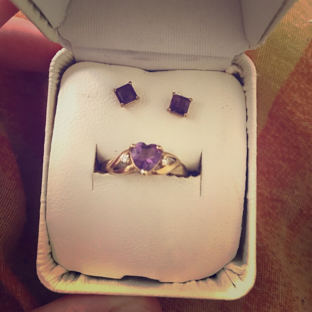 10K Gold Amethyst Birth Stone Ring and Earring Set