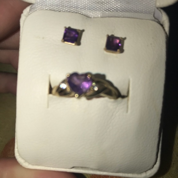Amethyst Birthstone Signet Ring | Yellow, Rose or White Gold  10K Gold Amethyst Birth Stone Ring and Earring Set