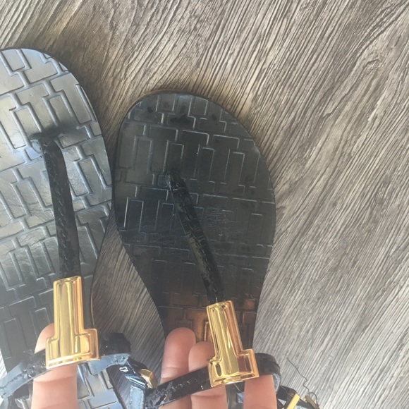 Tory Burch black sandal 7.5. 2” wedge w/Gold T - Picture 2 of 6
