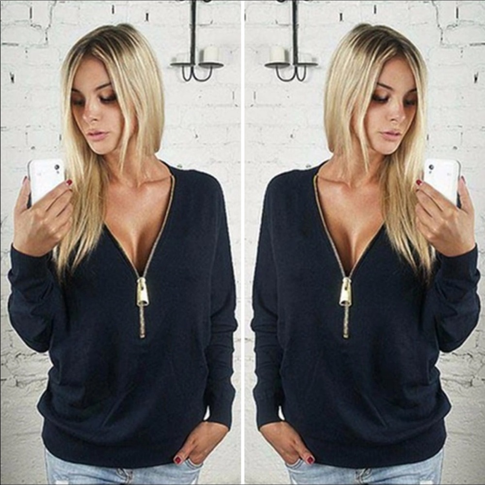 Long sleeve zipper top black ladies top - Picture 1 of 4