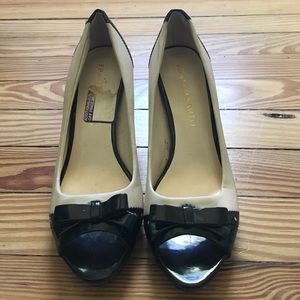 Franco Sarto two tone nude and black peep toe