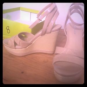 Taupe and leather wedges ankle wrapped