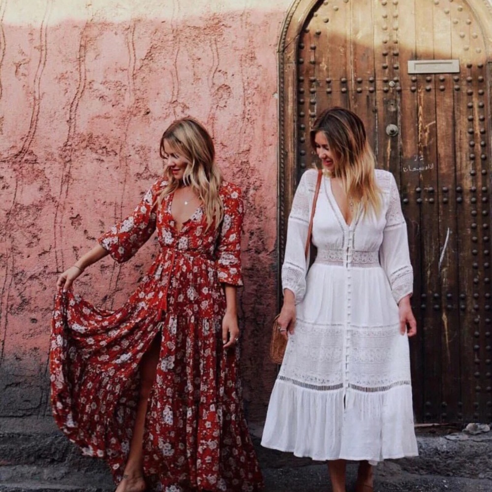 White Boho Vintg Look Gauze Button Midi/Maxi Dress