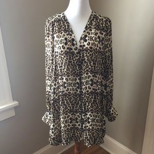 A.L.C. Leopard Silk Button Front Long Sleeve Dress