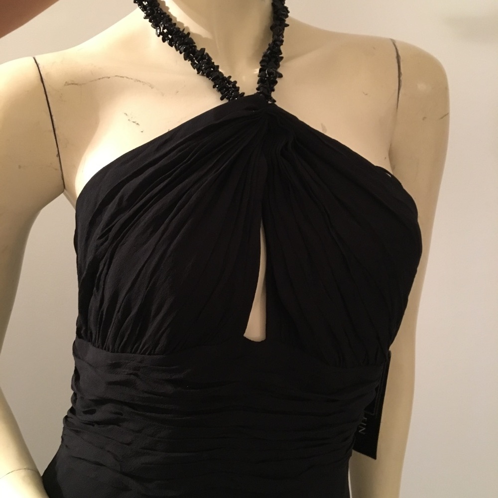 New Anne Klein backless black Silk halter dress w/necklace