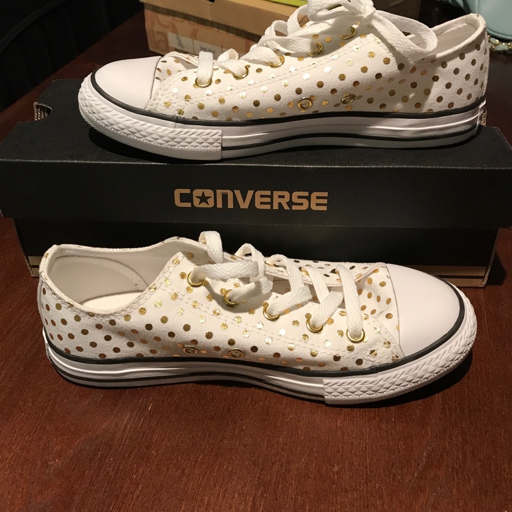 White and gold polka dot converse sneakers
