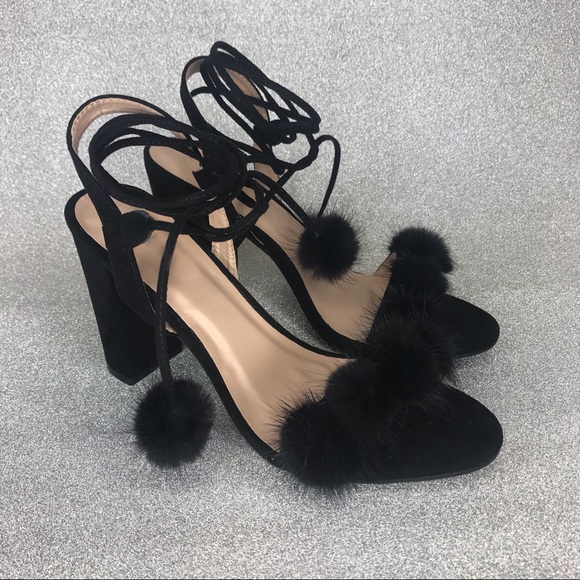 Black faux fur lace up heels - Picture 2 of 2