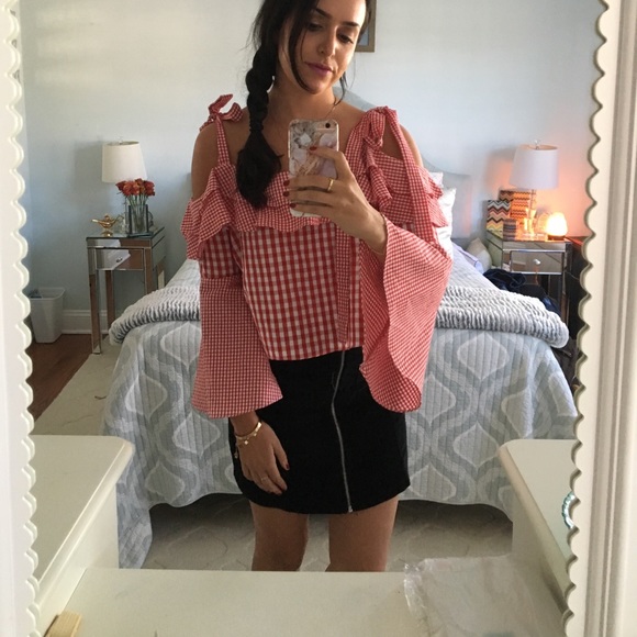 Ribbon plaid tie shoulder blouse - Picture 1 of 3