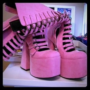 Pink suede platform boots