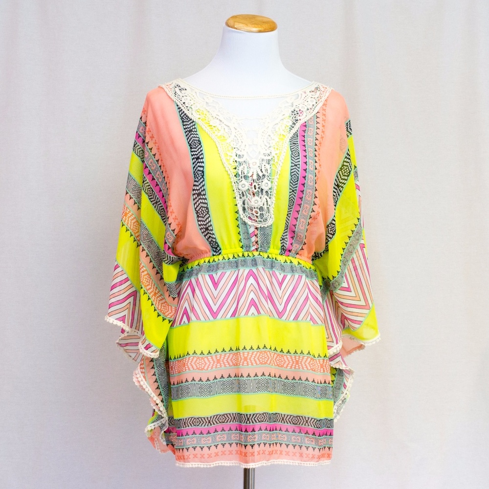 Neon Blouse Bat Sleeves Lace Detail