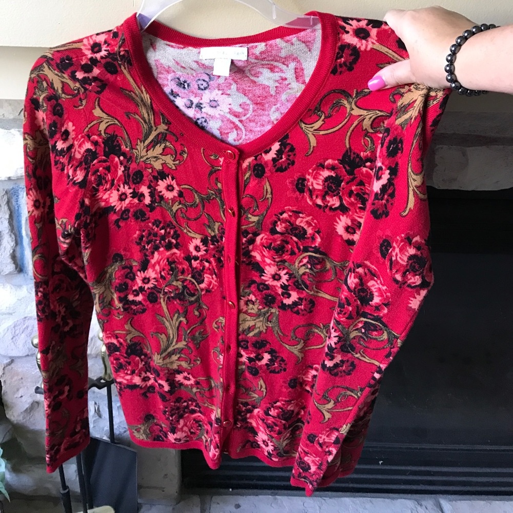 Red/black/leaf button down cardigan sweater