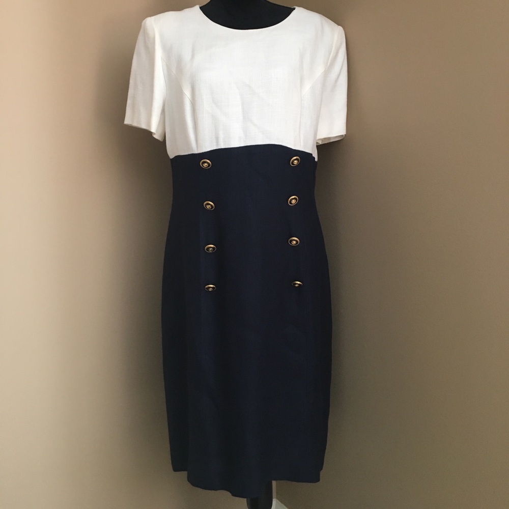 Donna Morgan Office Dress, White & Navy Blue