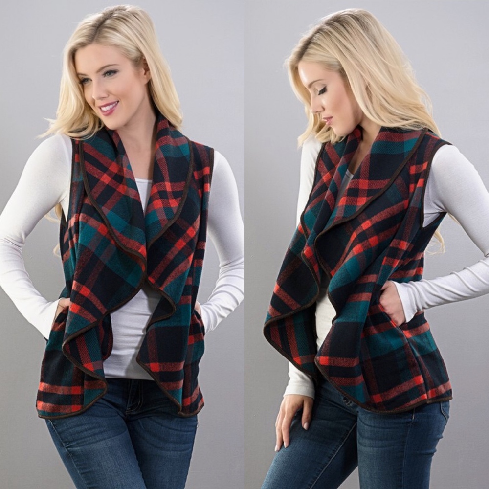LAST !!! Navy & Red Plaid Waterfall Vest
