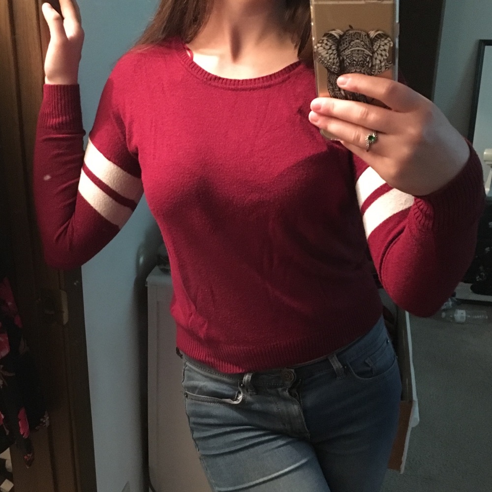 Burgundy Top with Striped Sleeves