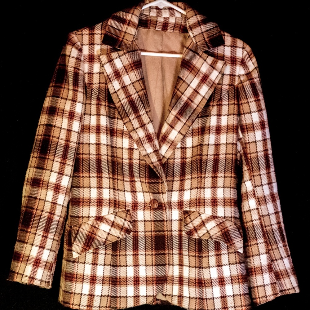Cute Retro Brown & Tan Plaid Blazer, Jacket