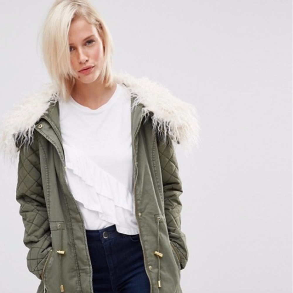 Drawstring Parka w/ Faux Fur Collar