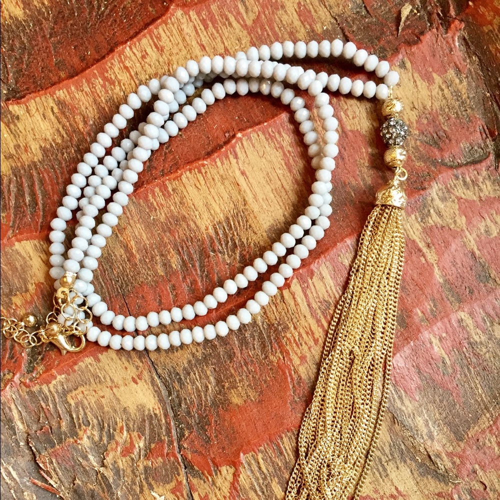 Long faceted bead chain tassel necklace