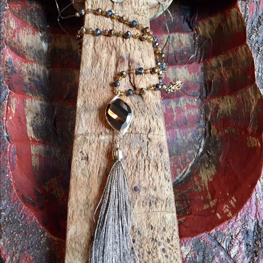 Mixed bead necklace w/ bronze stone pendant/tassel