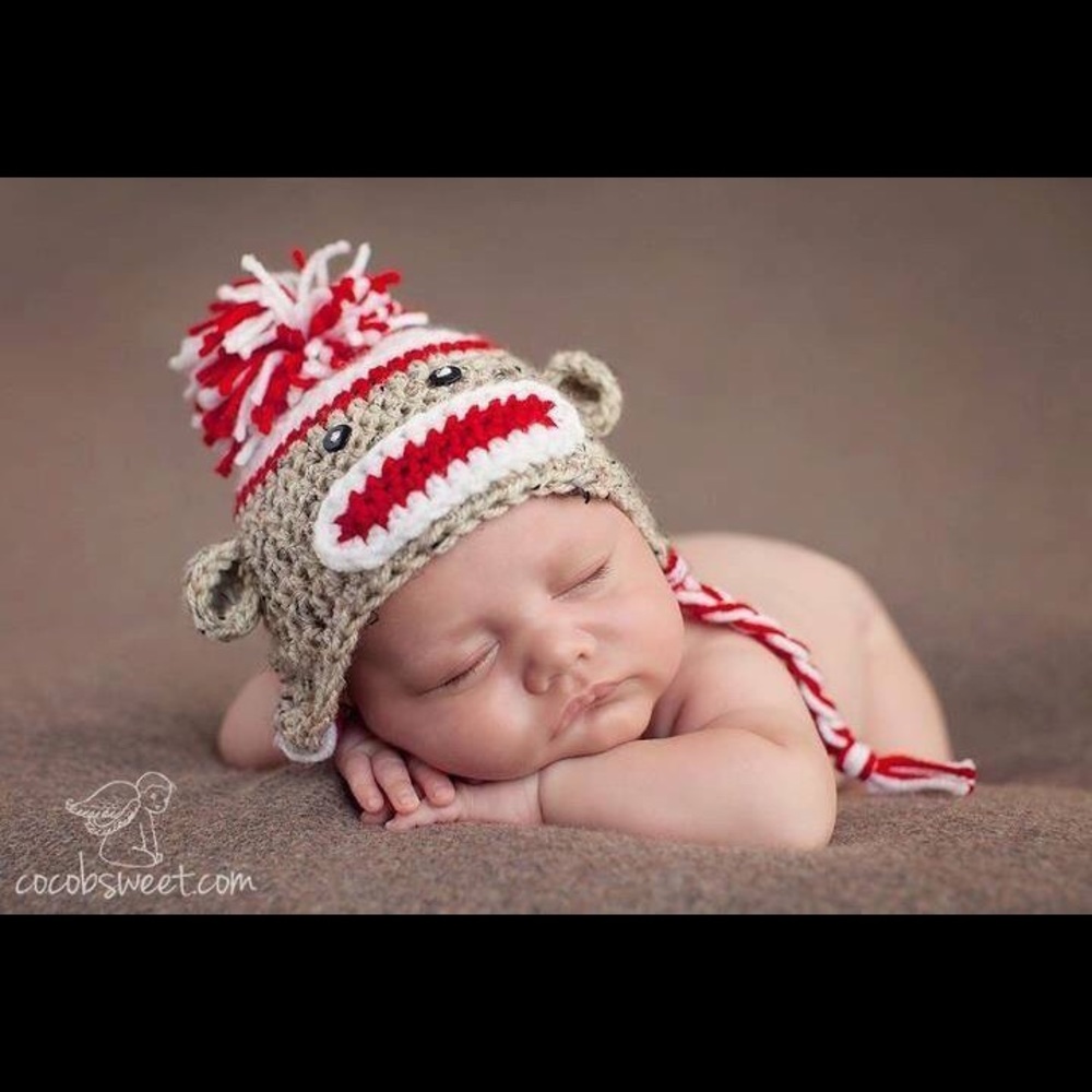 Newborn sock monkey hat sizes from Nb-12 months