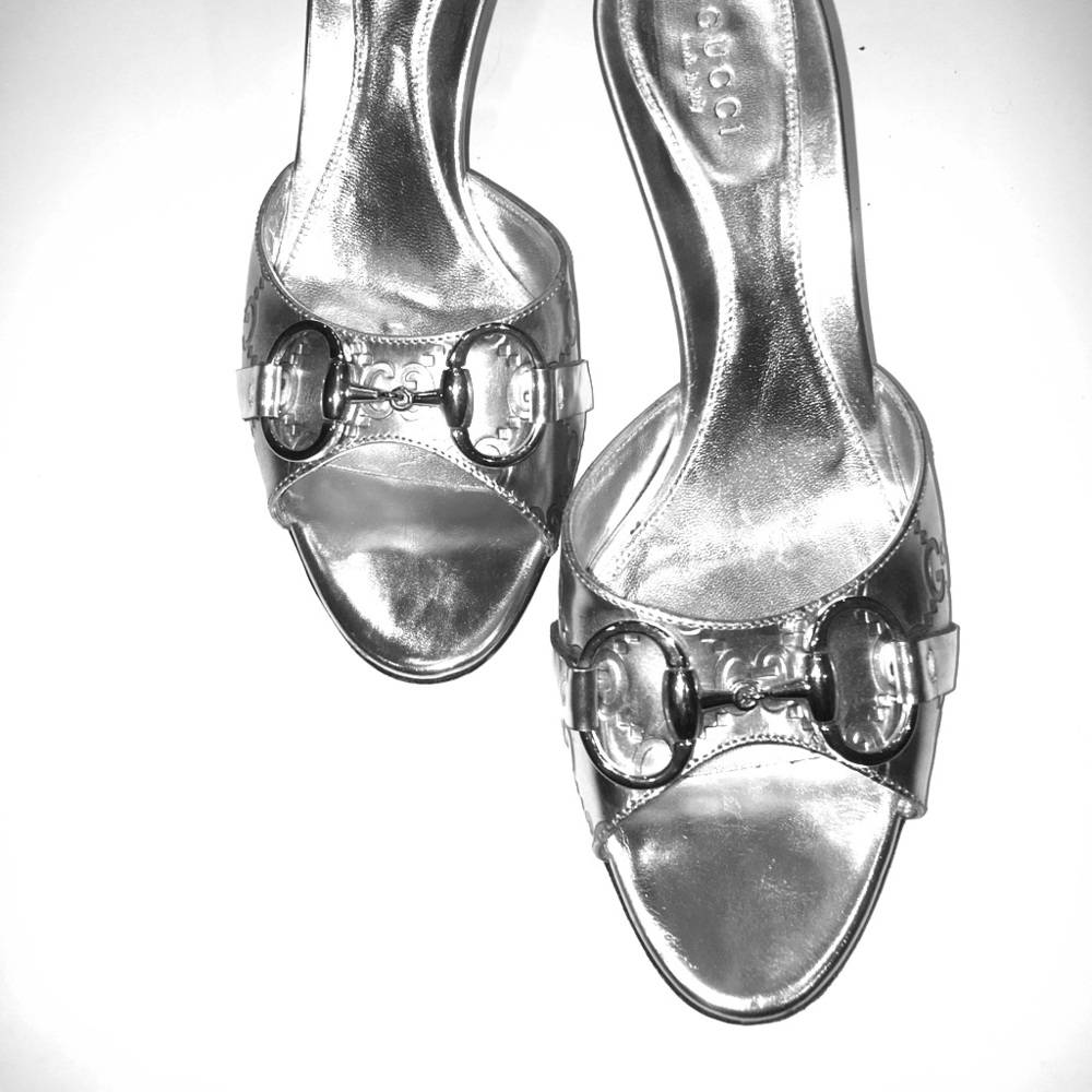 Authentic Gucci 3” Silver Slide Sandals